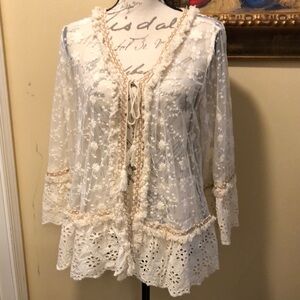 Lace Crochet, eyelet ruffle ribbon trim Creamy tassel tie Bell Sleeve cardigan